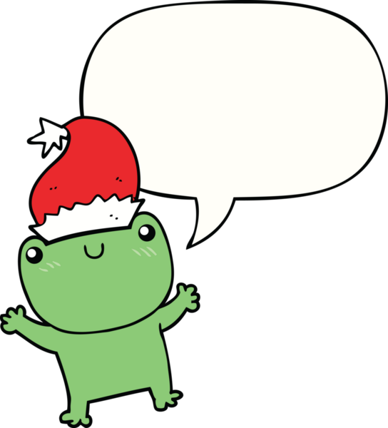 Bir insan tarafından çizilmiş konuşma balonlu Noel şapkası takan sevimli bir kurbağa.