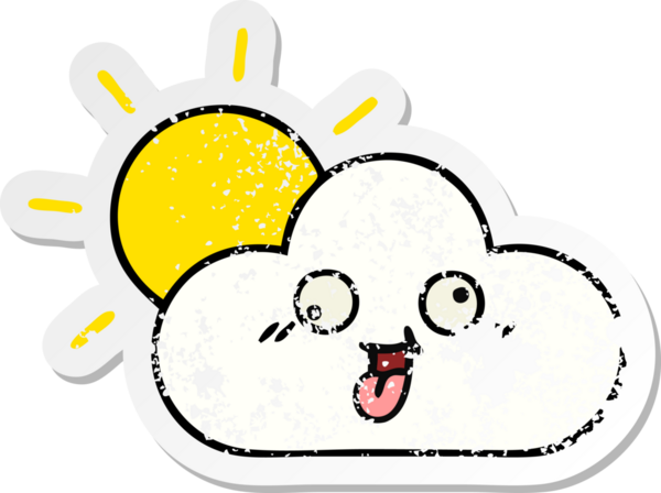 Tatlı bir çizgi film güneşinin sıkıntılı çıkartması ve bir insan tarafından çizilmiş bulut.