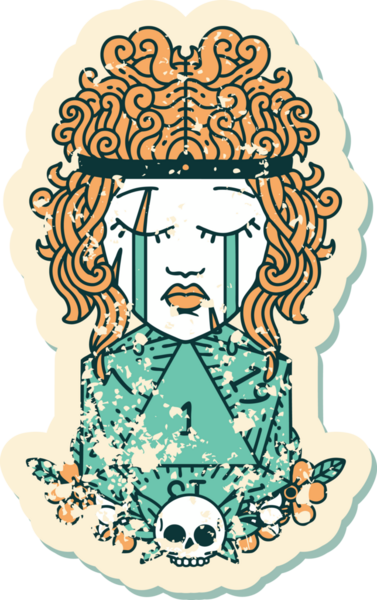 Ağlayan bir insan barbarının grunge çıkartması. Bir insan tarafından çizilmiş doğal bir D20 rulosu.