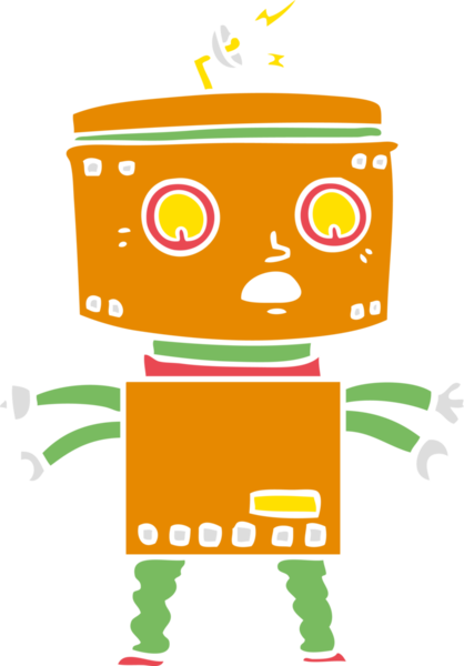 Bir insan tarafından çizilmiş düz renkli çizgi film robotu