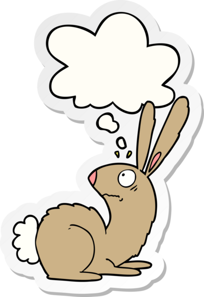 Bir insan tarafından çizilmiş bir çıkartma gibi düşünce balonlu çizgi film ürkmüş tavşan.