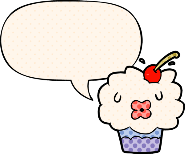 Bir insan tarafından çizilmiş komik çizgi roman tarzı konuşma baloncuklu kek.