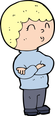 Bir insan tarafından çizilmiş kolları katlanmış çizgi film çocuğu.