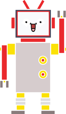 Bir insan tarafından çizilmiş mutlu bir robotun düz renkli retro karikatürü