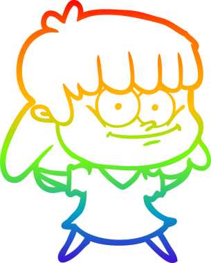 Gökkuşağı gradyan çizimi bir insan tarafından çizilmiş gülümseyen bir çizgi kız çizimi