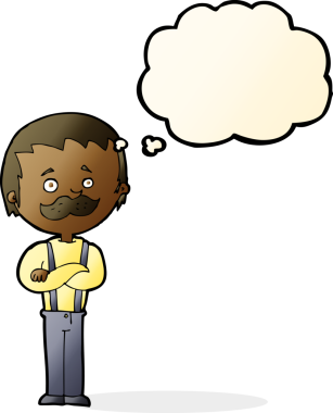 Bir insan tarafından çizilmiş düşünce baloncuklu bıyıklı çizgi film adamı.