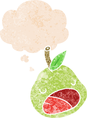 Düşünce baloncuklu çizgi film armudu grunge sıkıntılı retro desenli bir insan tarafından çizilmiş