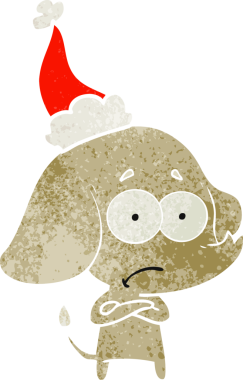 Bir insan tarafından çizilmiş Noel Baba şapkası giyen belirsiz bir filin el çizimi karikatürü.