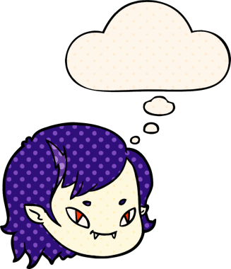 Çizgi roman tarzında bir insan tarafından çizilmiş düşünce balonlu vampir kız yüzü.