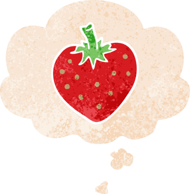 Düşünce baloncuklu çizgi film çileği grunge sıkıntılı retro dokuma tarzı bir insan tarafından çizilmiş