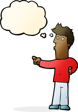 Bir insan tarafından çizilen düşünce baloncuğuyla işaret eden çizgi film adamı.