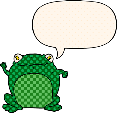 Çizgi roman tarzında konuşma balonu olan bir kurbağa insan tarafından çizilmiş.