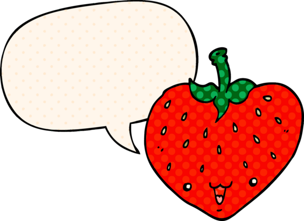 Bir insan tarafından çizilmiş çizgi roman tarzında konuşma balonu olan çilekli bir çizgi film.