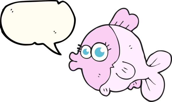 Bir insan tarafından çizilmiş büyük, güzel gözleri olan komik el yazısıyla çizilmiş konuşma balonu balığı.