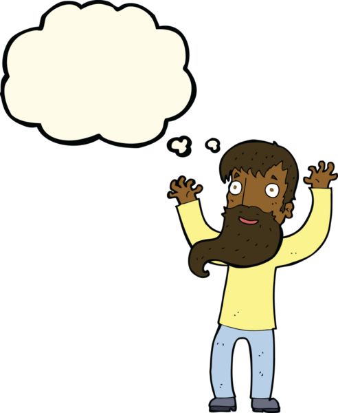 Bir insan tarafından çizilmiş düşünce balonlu sakallı heyecanlı bir adam.