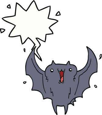 Bir insan tarafından çizilmiş konuşma balonlu mutlu vampir yarasa çizgi filmi.