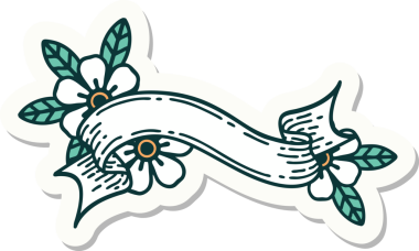 Geleneksel dövme stili bir pankart ve insan tarafından çizilmiş çiçekler.