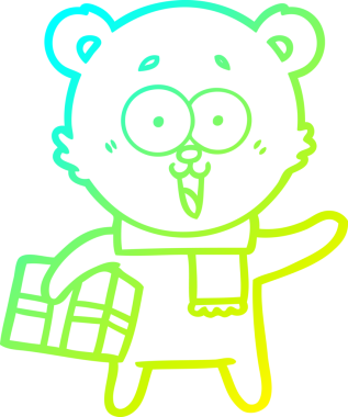 Bir insan tarafından çizilmiş Noel hediyeli gülen oyuncak ayının soğuk gradyan çizgisi.