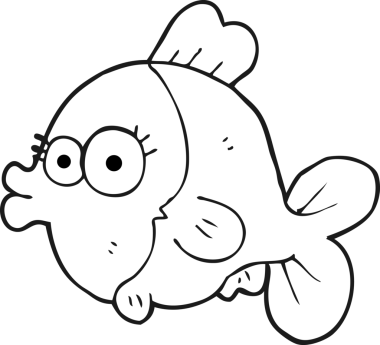 Bir insan tarafından çizilmiş kocaman güzel gözleri olan siyah beyaz bir balık çizimi.