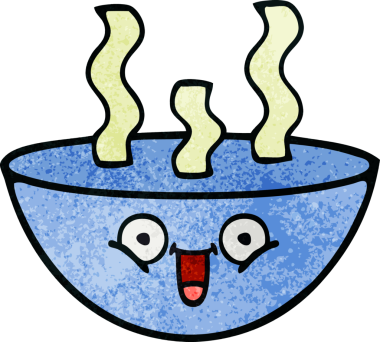 Bir insan tarafından çizilmiş sıcak çorba kasesinin retro grunge desenli karikatürü.