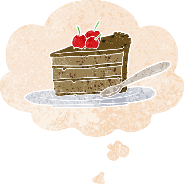 Düşünce baloncuklu karikatür çikolatalı pasta. Bir insan tarafından çizilmiş dertli retro tarzı.