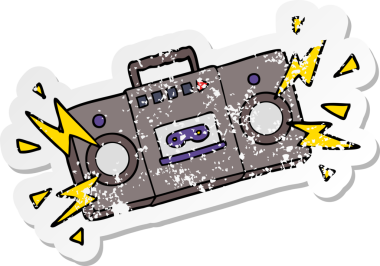 Eski bir karikatür kaset çaların hüzünlü çıkartması bir insan tarafından çizilmiş eski rock ezgilerini patlatıyor.