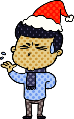 Bir insan tarafından çizilmiş Noel Baba şapkası giymiş terleyen bir adamın el çizimi çizgi roman çizimi.