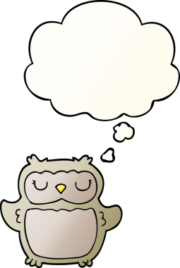 bir insan tarafından çizilmiş yumuşak eğimli düşünce baloncuğu olan çizgi film baykuşu