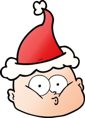 Bir insan tarafından çizilmiş Noel Baba şapkası giymiş meraklı kel bir adamın el çizimi karikatürü.