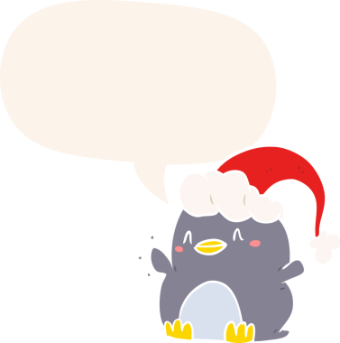 Bir insan tarafından çizilmiş, eski moda konuşma baloncuklu Noel şapkası takan penguen çizgi filmi.
