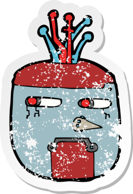 Bir insan tarafından çizilmiş altın renkli robot kafasının gerilimli retro yapıştırması.