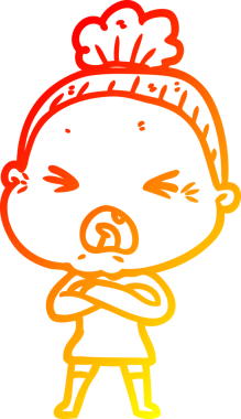 Bir insan tarafından çizilmiş kızgın yaşlı bir kadının sıcak çizgi çizimi.