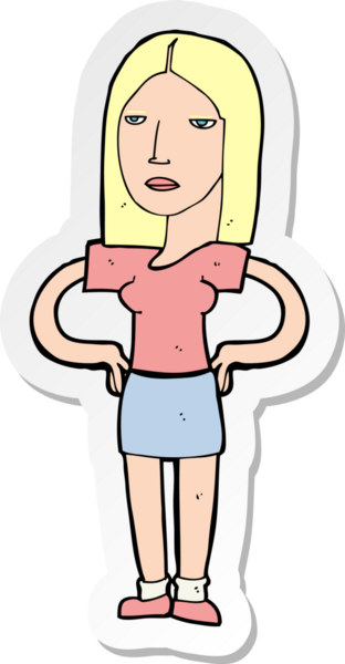 Bir insan tarafından çizilmiş kalçasında elleri olan bir karikatür kadının çıkartması.