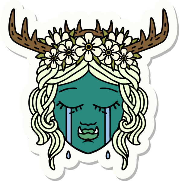 Bir insan tarafından çizilmiş üzgün, yarı ork bir Druid karakterinin çıkartması.