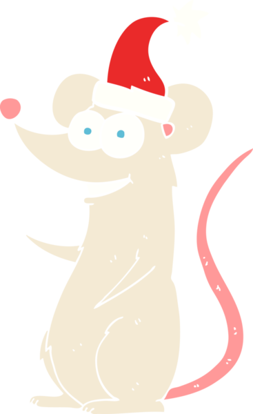 Bir insan tarafından çizilmiş Noel şapkası takan bir farenin düz renk çizimi