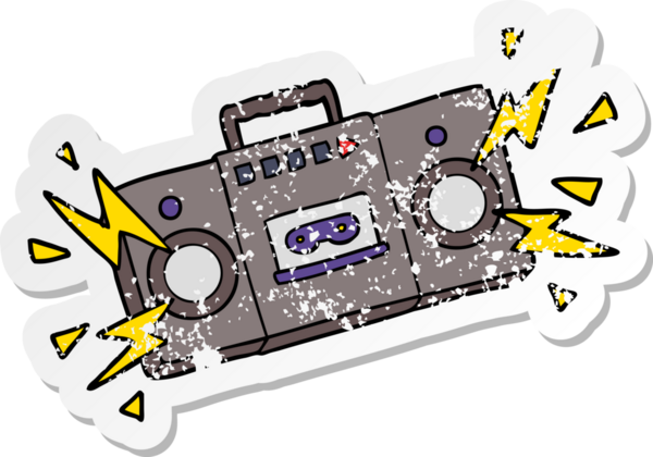 Eski bir karikatür kaset çaların hüzünlü çıkartması bir insan tarafından çizilmiş eski rock ezgilerini patlatıyor.