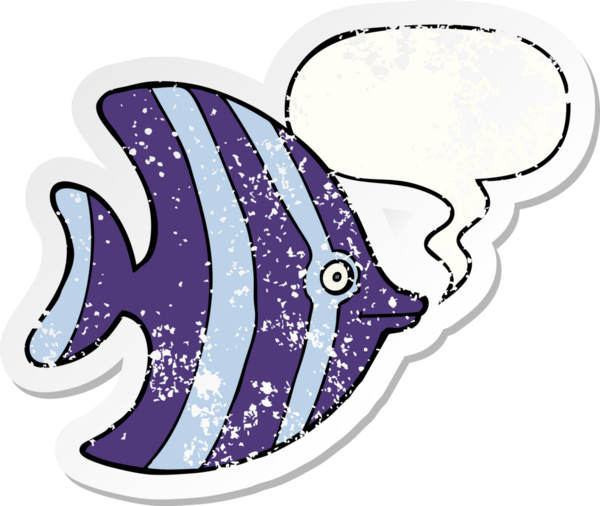 Konuşma baloncuğu olan karikatür melek balığı bir insan tarafından çizilmiş kederli eski bir çıkartma.