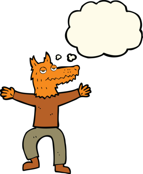 Bir insan tarafından çizilmiş düşünce balonlu tilki adam.