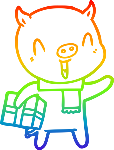 Gökkuşağı gradyan çizimi mutlu bir domuz çizgi filmi ve bir insan tarafından çizilmiş xmas