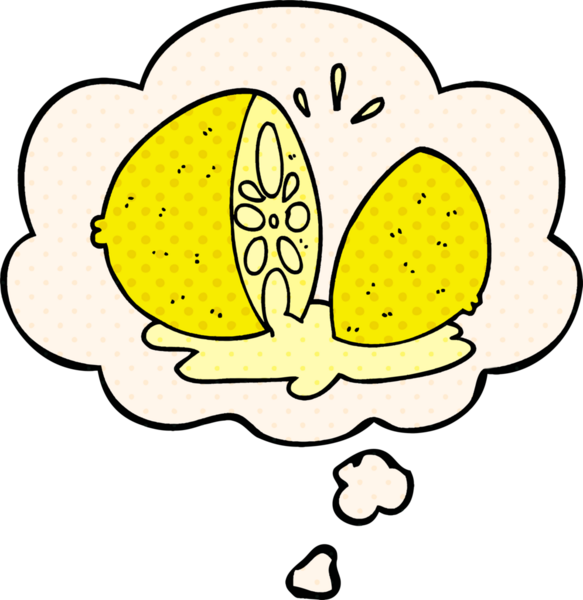 Çizgi roman tarzında bir insan tarafından çizilmiş limon ve düşünce kabarcığı.