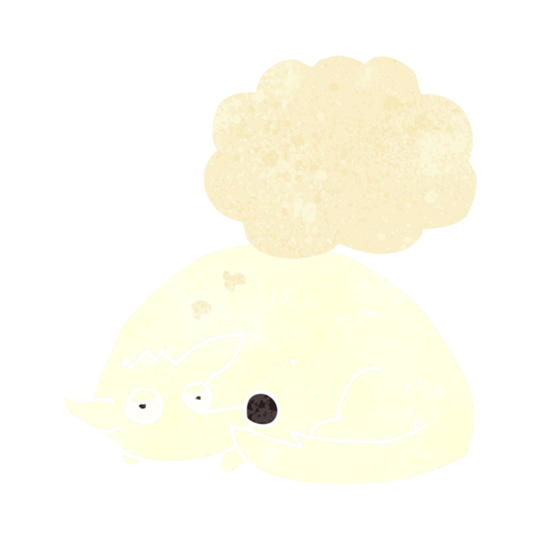 Bir insan tarafından çizilmiş düşünce balonuyla kıvrılmış bir köpek.