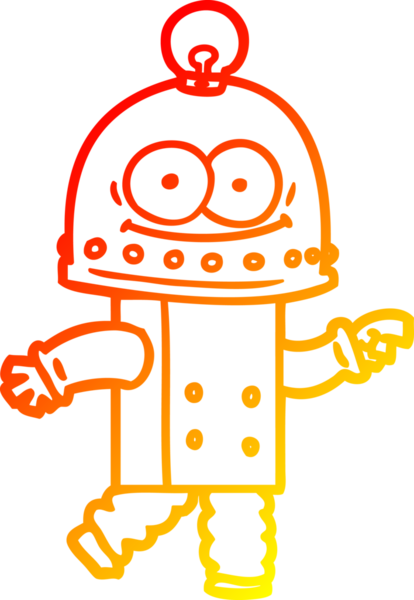 Bir insan tarafından çizilmiş ampullü mutlu bir robot çizimi.