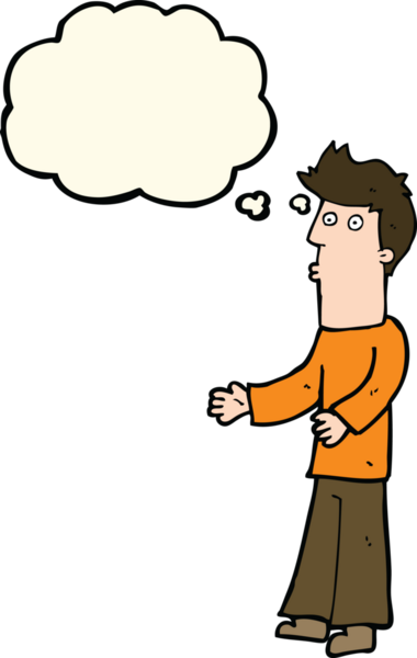 Bir insan tarafından çizilen düşünce baloncuğuyla açıklama yapan çizgi film adamı.