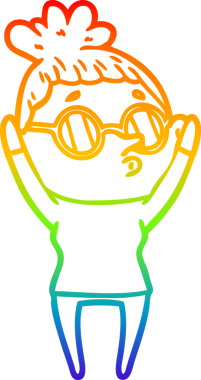 Gökkuşağı gradyan çizgi çizimi bir insan tarafından çizilmiş gözlük takan bir kadın.