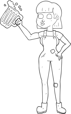 Bir insan tarafından çizilmiş biralı siyah beyaz kadın.