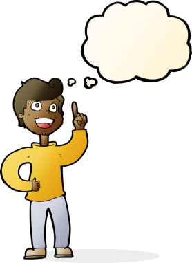 Bir insan tarafından çizilmiş düşünce baloncuğuyla harika bir fikri olan çizgi film çocuğu.