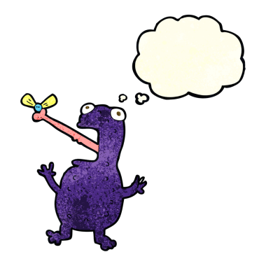 Bir insan tarafından çizilmiş düşünce baloncuğuyla sinek yakalayan zehirli kurbağa çizgi filmi.