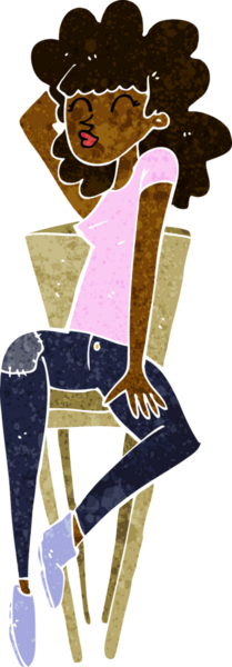 Bir insan tarafından çizilmiş sandalyede poz veren karikatür kadın.