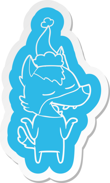 Bir insan tarafından çizilmiş Noel Baba şapkasıyla gülen bir kurdun garip çizgi film çıkartması.