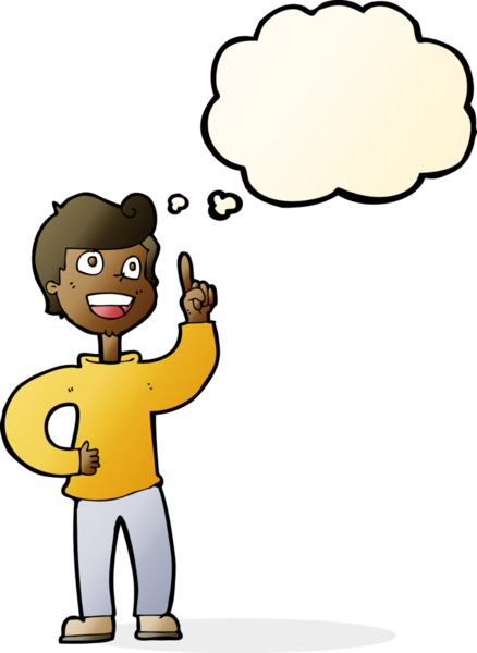 Bir insan tarafından çizilmiş düşünce baloncuğuyla harika bir fikri olan çizgi film çocuğu.